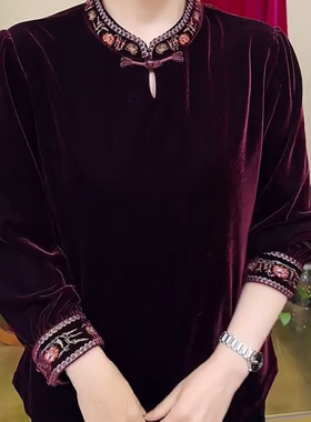 年货款立领刺绣改良版金丝绒上衣旗袍衫冬季新款高贵百搭中年女装