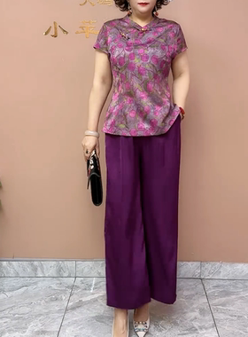 时尚复古中国风盘扣印花缎面短袖两件套女新款轻薄透气中老年女装