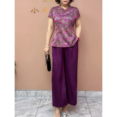 时尚复古中国风盘扣印花缎面短袖两件套女新款轻薄透气中老年女装