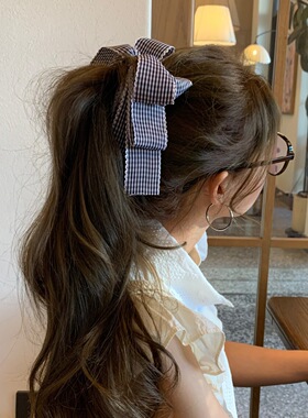韩版甜美格子蝴蝶结发夹新款后脑勺盘发发夹高马尾香蕉夹发饰新款
