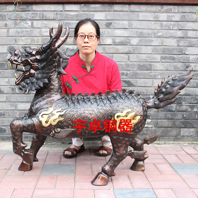 宇卓铜器 纯铜麒麟 财 黄火麒麟一对 大门口工艺品摆件