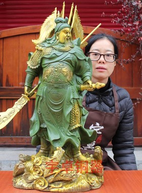 宇卓铜器 纯铜九龙关公 黄铜横刀九龙关公提刀忠义彩绘绿袍摆件