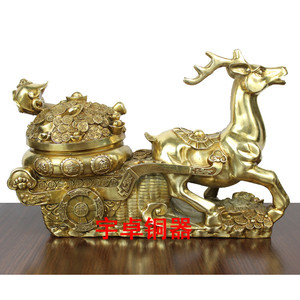 纯铜鹿 黄铜鹿 铜鹿拉车聚宝盆财宝车 财禄呈祥 工艺礼品