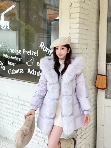 高端大气狐狸毛大毛领皮草鸭绒服外套女中长款白鸭绒收腰显瘦大衣