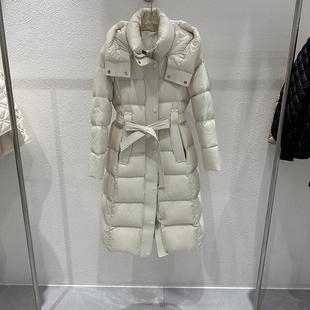 中长款修身收腰气质淑女女人味连帽过膝系腰带白鸭绒羽绒服外套潮