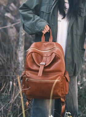 [J6]重工植鞣牛皮双肩包大容量休闲电脑包登山包男士真皮背包6843