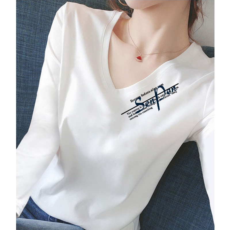 纯棉白色打底衫女春秋内搭保暖长袖t恤2025新款薄款修身V领上衣潮