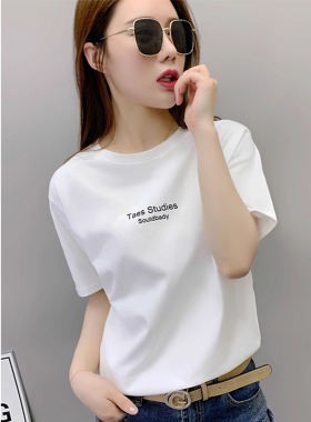 外贸欧洲站潮牌白色短袖T恤女2026新款夏季纯棉宽松正肩上衣体恤