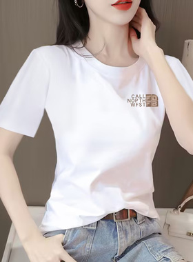 高端正肩白色短袖t恤女2026新款爆款夏季大码印花半袖纯棉上衣体