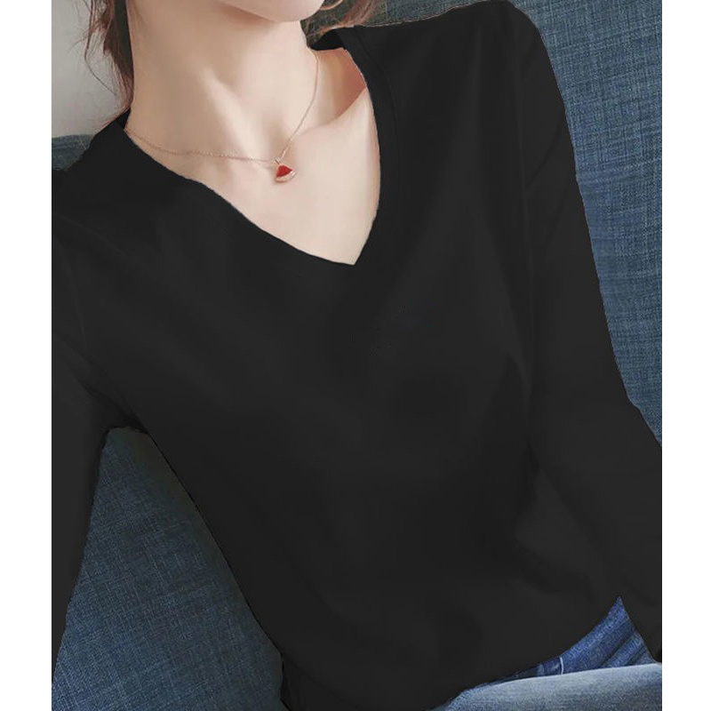 纯棉秋装2021新款时尚气质修身白色长袖t恤女装打底衫V领上衣内搭