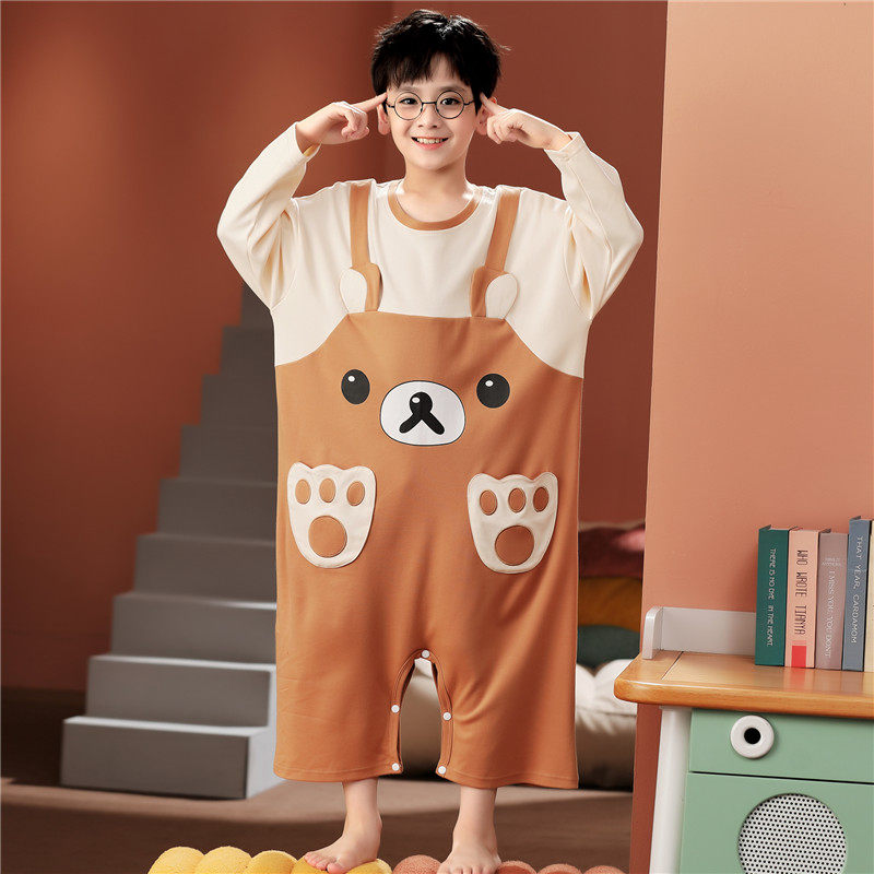 CHILDRENS ONE-PIECE PAJAMAS SPRING AND AUTUMN LONG-SLEEVED COTTON GIRLS SLEEPING BAGS BOYS BABIES MIDDLE AND LARGE CHILDRENS KICK-PROOF ANTI-COLD