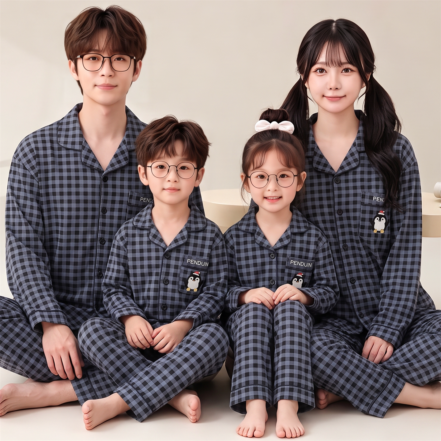 亲子睡衣一家三四口春秋季长袖纯棉儿童中大童父子母女家居服套装