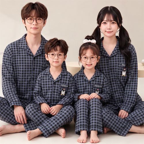 亲子睡衣一家三四口春秋季长袖纯棉儿童中大童父子母女家居服套装