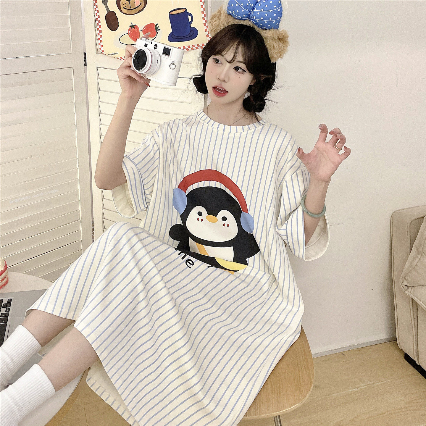 睡裙女夏季薄款短袖纯棉大童睡衣女孩初中高中学生韩版可爱家居服