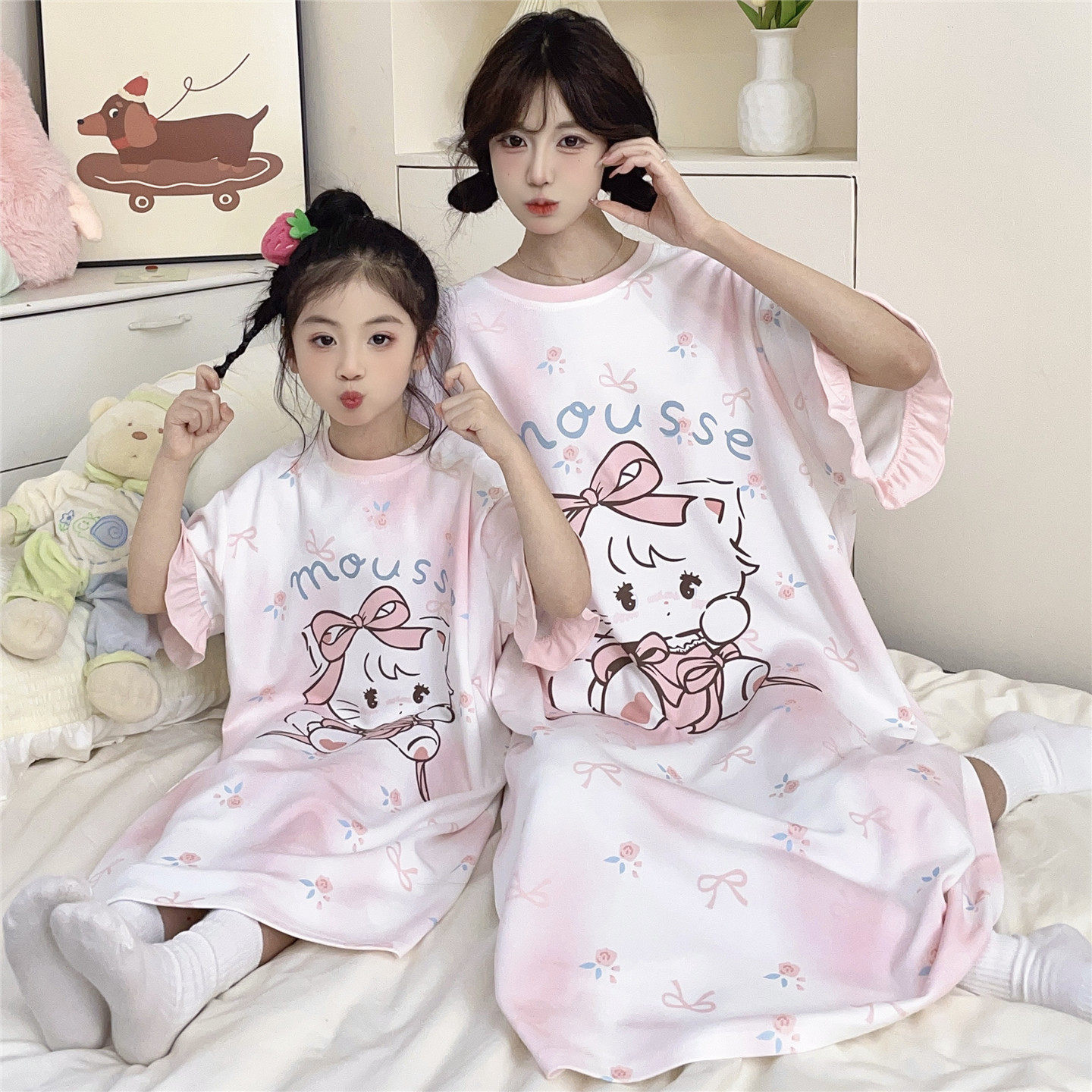 儿童睡裙夏季薄款纯棉短袖女童睡裙中大童母女亲子可爱卡通家居服