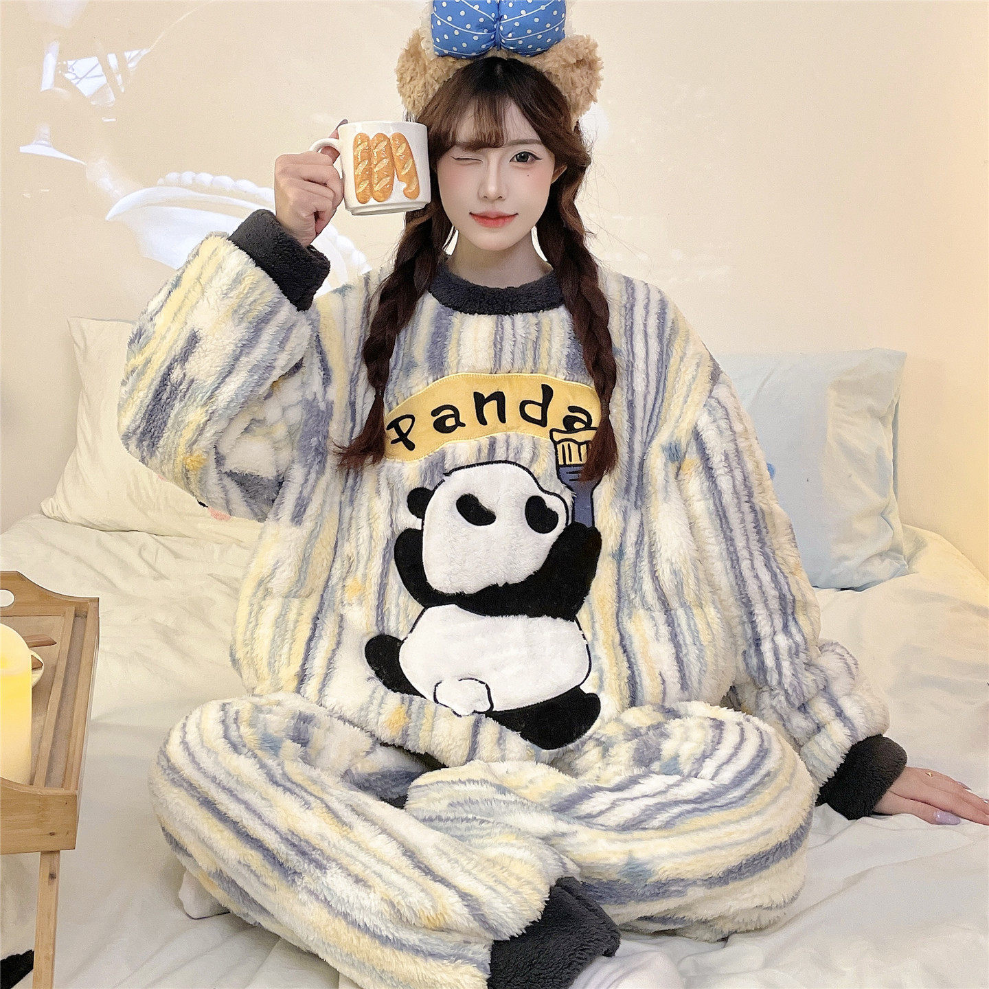 女孩中大童睡衣秋冬季法兰绒青少年学生可爱卡通珊瑚绒家居服套装