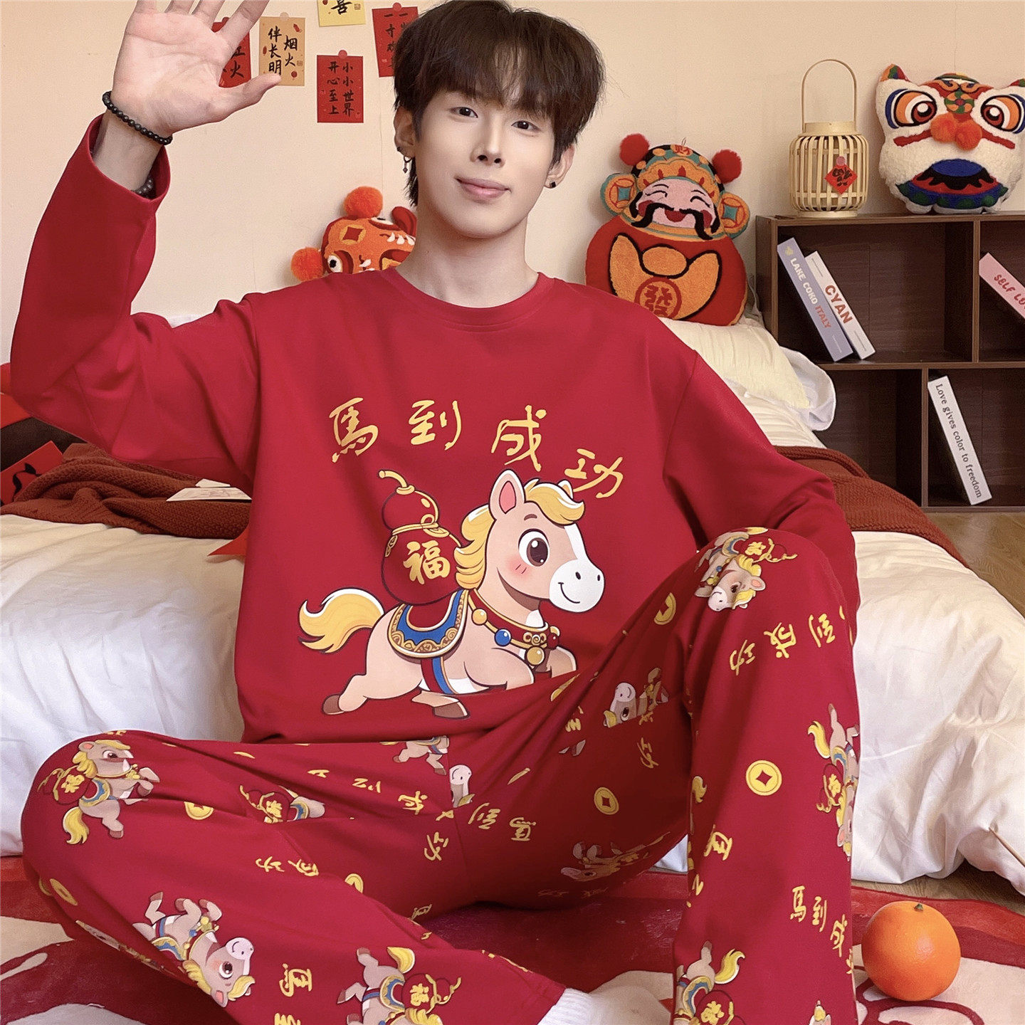 青少年睡衣男款春秋季12岁长袖纯棉15大童男孩学生红色马年家居服