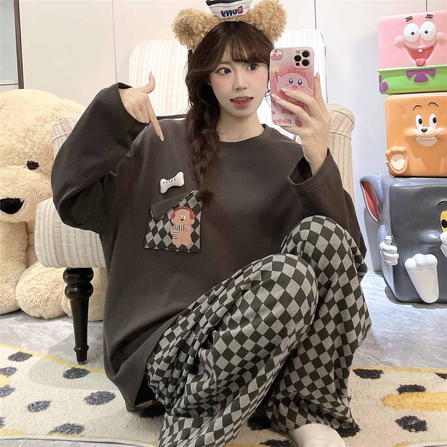女士睡衣春秋季纯棉长袖大童女孩初中高中学生全棉卡通家居服套装