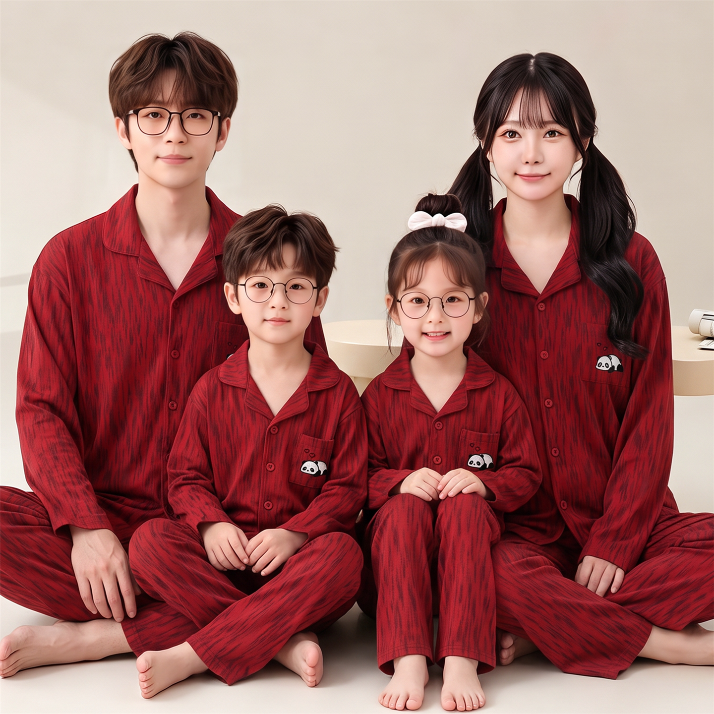 亲子睡衣一家三四口春秋季长袖纯棉父子母女红色本命年家居服套装