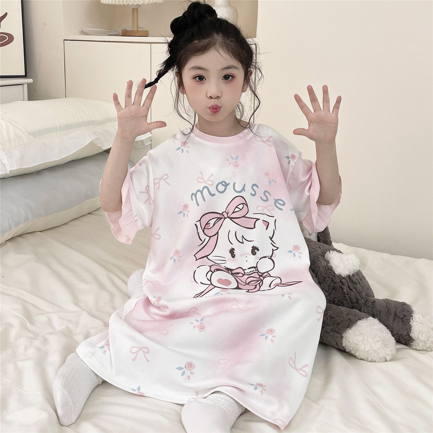 儿童睡衣女孩薄款女童夏季短袖纯棉睡裙中大童小孩全棉夏装家居服