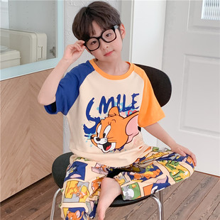 儿童睡衣男童夏季薄款纯棉初中学生中大童短袖长裤家居服男生套装