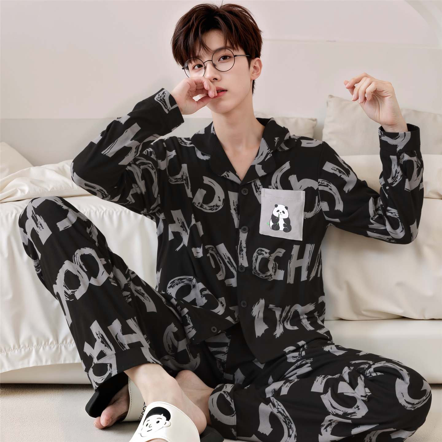 秋季睡衣男士长袖纯棉青少年大学生全棉卡通加大码男款家居服套装