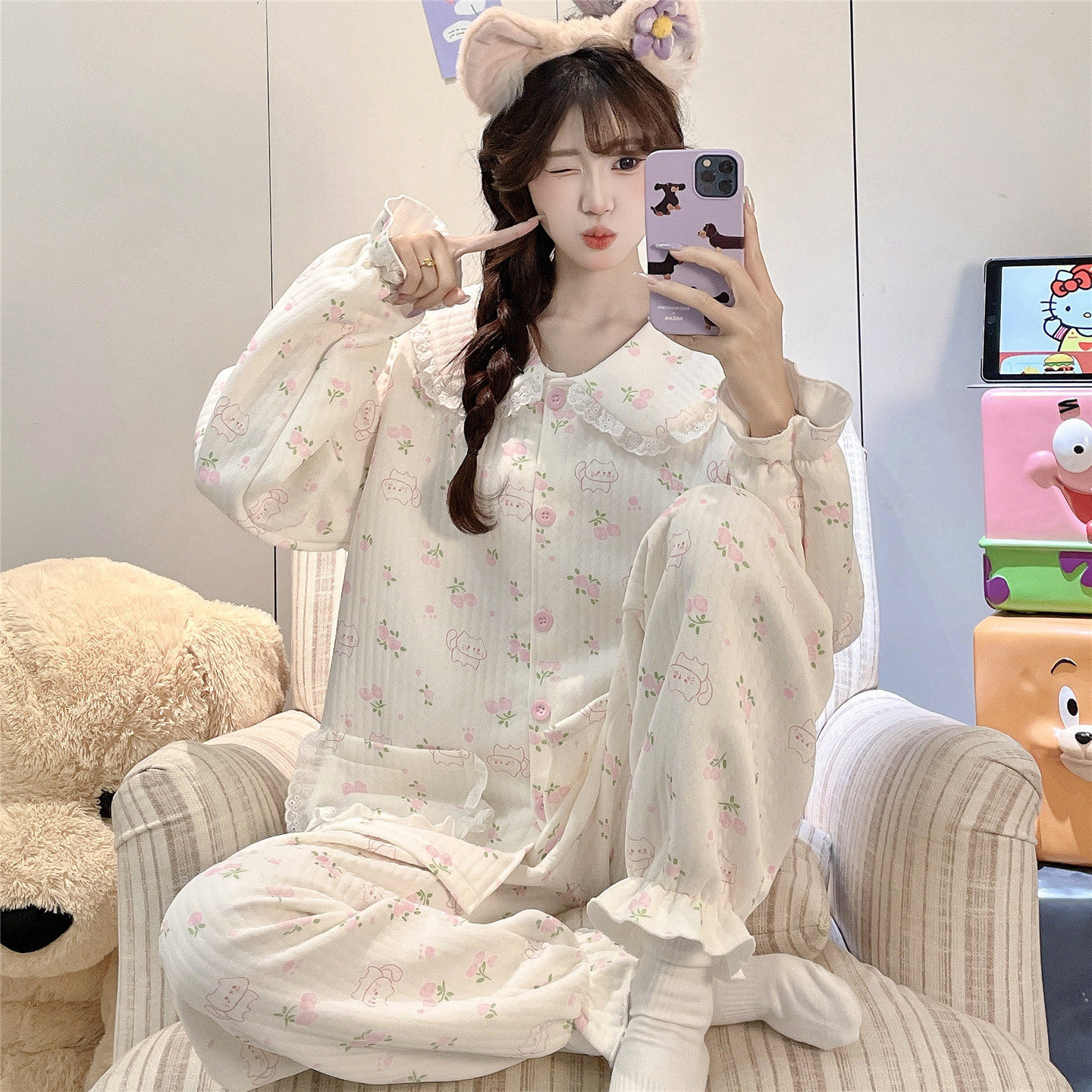 睡衣女春秋季长袖夹层棉大童女孩初中高中学生韩版简约家居服套装
