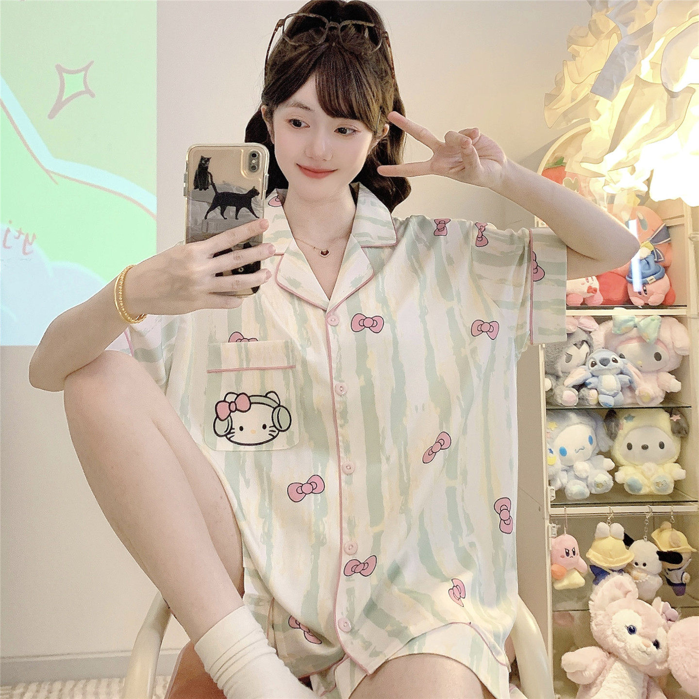 女孩中大童冰丝睡衣夏季薄款短袖开衫初中高中学生少女家居服套装