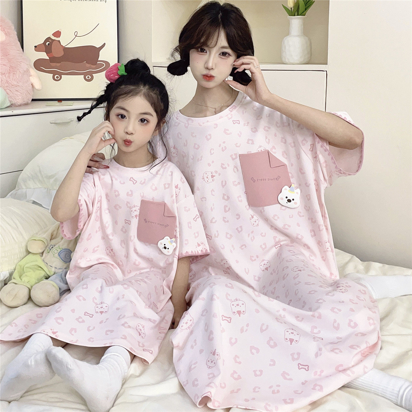 母女睡衣夏季薄款纯棉短袖儿童睡裙中大童女孩学生全棉卡通家居服
