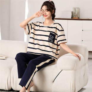 睡衣女夏季纯棉短袖长裤大童青少年初中学生条纹简约风家居服套装