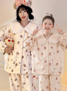 儿童睡衣女童秋冬季加绒法兰绒女孩中大童母女韩版可爱家居服套装