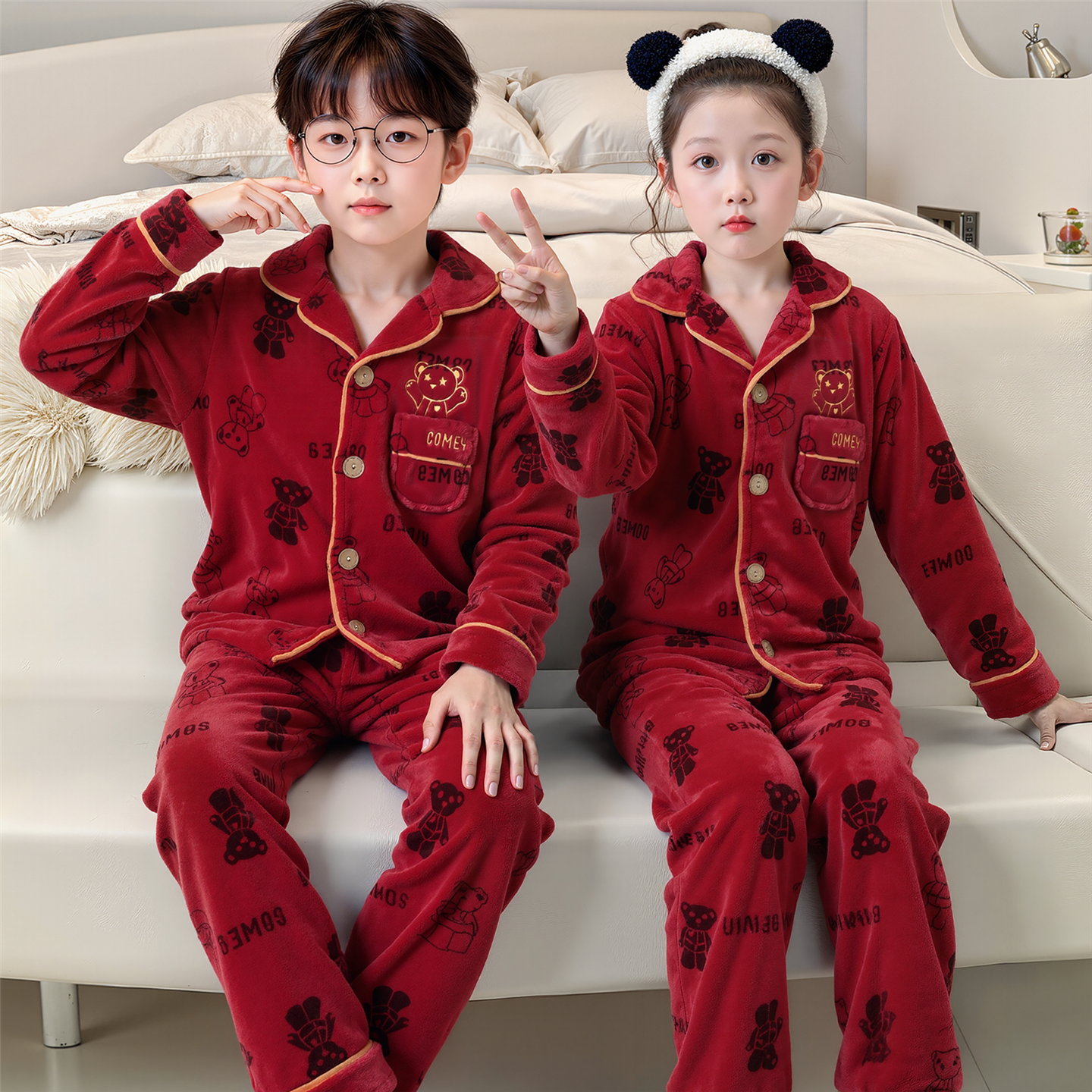 儿童法兰绒睡衣秋冬季珊瑚绒男孩女童中大童红色本命年家居服套装
