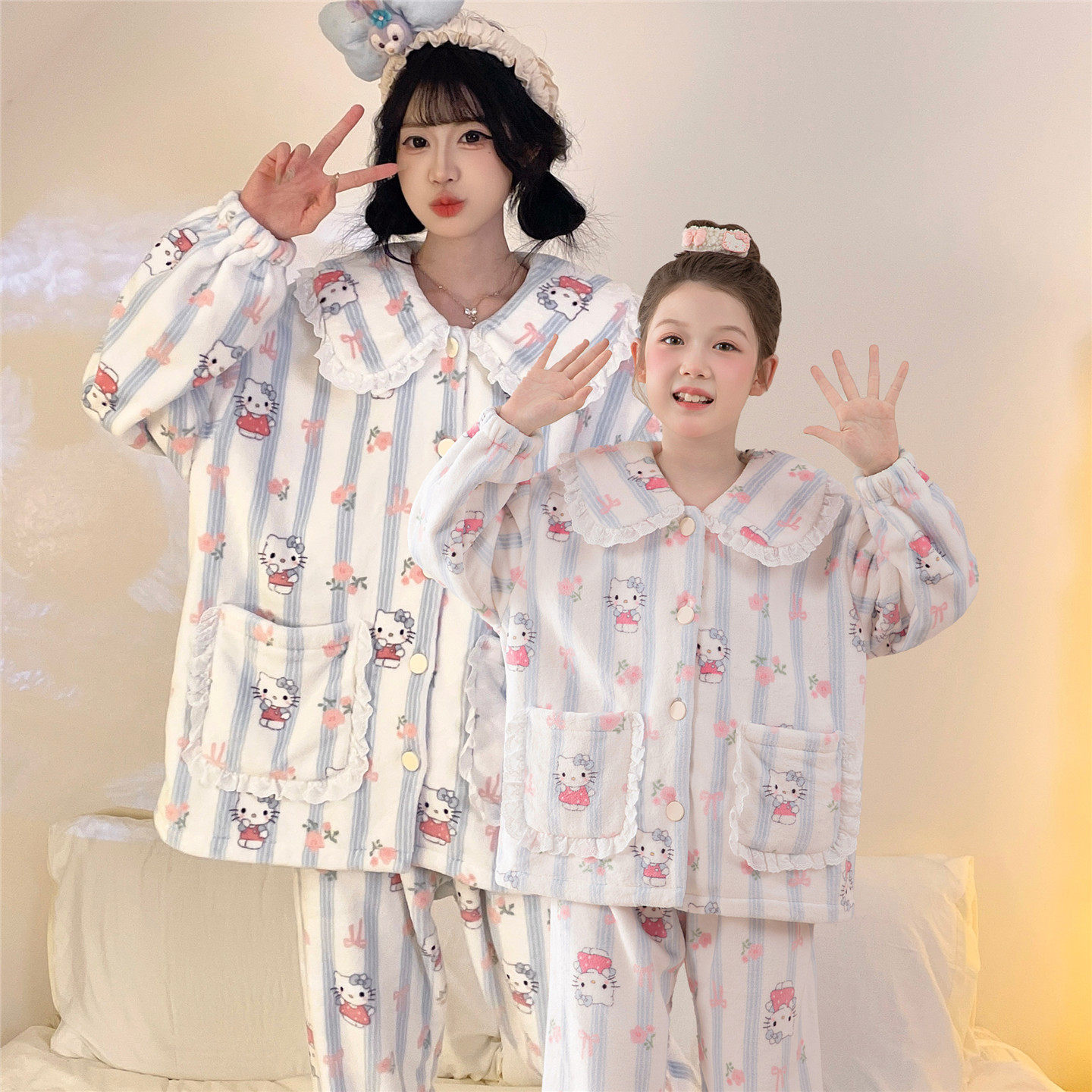 儿童法兰绒睡衣秋冬季珊瑚绒小女孩中大童可爱卡通母女家居服套装