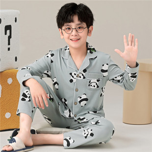 儿童睡衣男童春秋夏季纯棉长袖男孩中大童小孩宝宝熊猫家居服套装