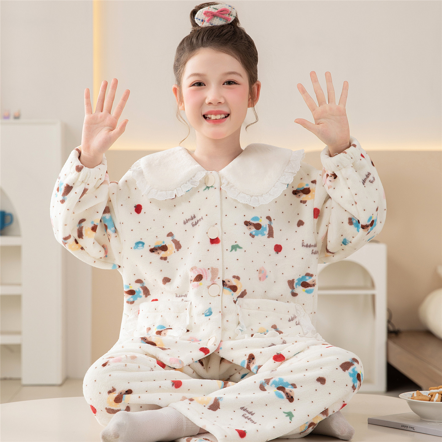 女童珊瑚绒睡衣秋冬季加厚加绒儿童中大童女孩甜美可爱家居服套装