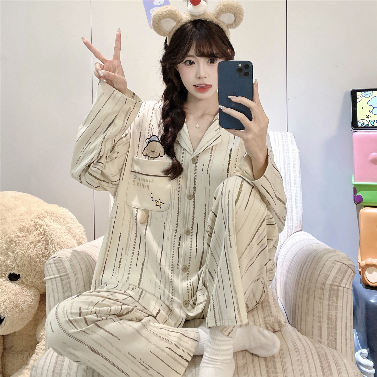 大童睡衣女生秋季长袖纯棉女款青少年学生10-12-13岁可外穿家居服
