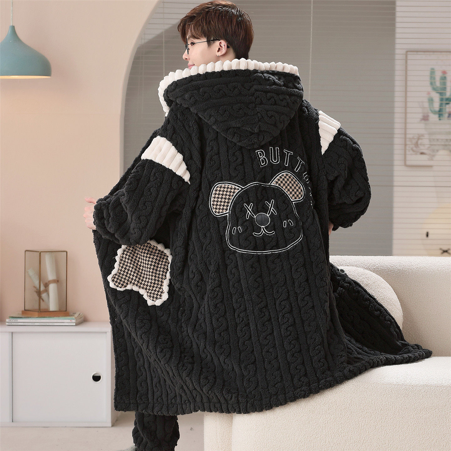 睡衣男秋冬季珊瑚绒法兰绒青少年高中学生加绒加厚睡袍家居服套装