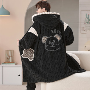 睡衣男秋冬季珊瑚绒法兰绒青少年高中学生加绒加厚睡袍家居服套装