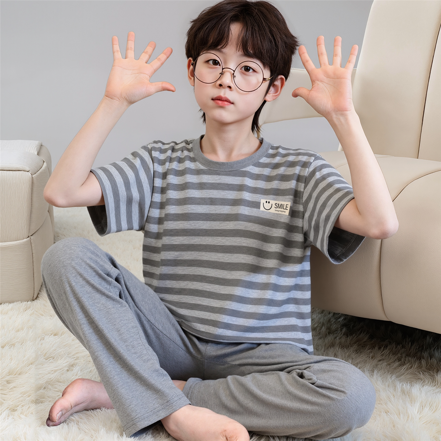 儿童睡衣男童夏季纯棉短袖长裤男孩中大童青少年条纹家居服薄套装