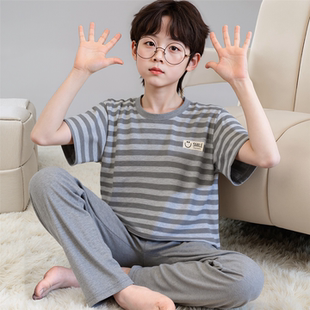儿童睡衣男童夏季纯棉短袖长裤男孩中大童青少年条纹家居服薄套装
