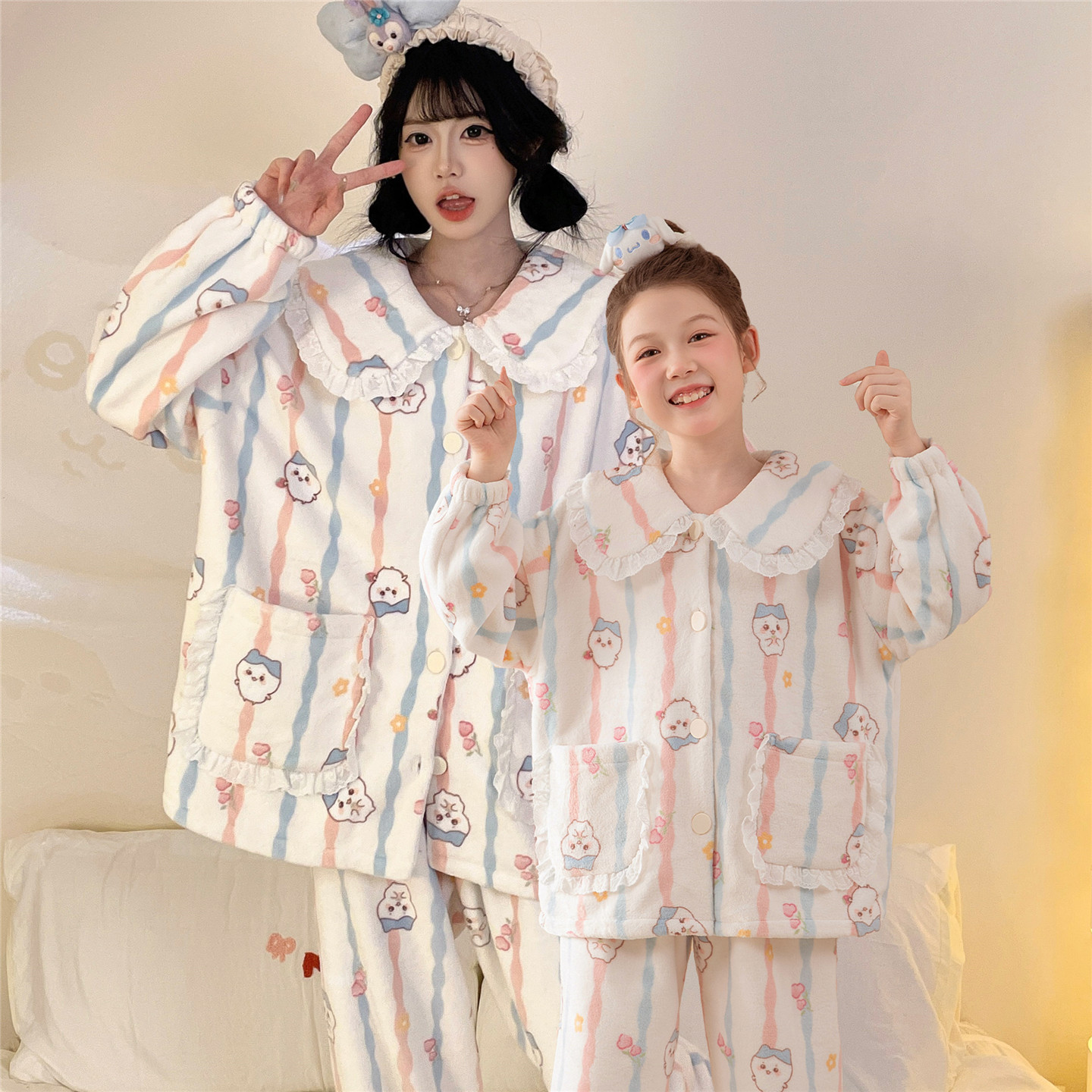 大童睡衣女秋冬季珊瑚绒法兰绒女孩初中学生可外穿母女亲子家居服