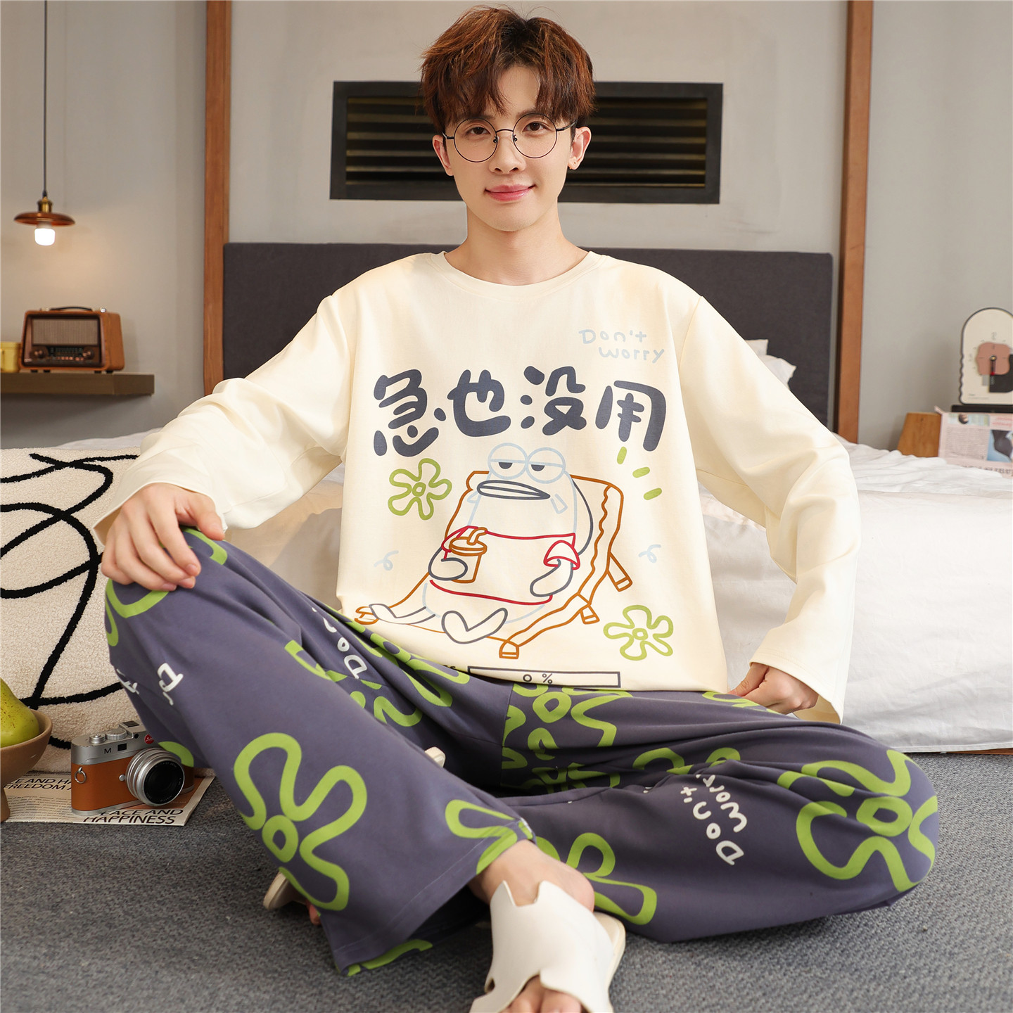 睡衣男孩春秋季长袖纯棉初中高中学生青少年韩版简约风家居服套装