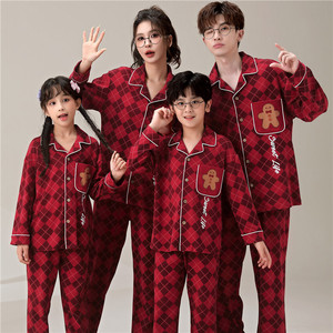 亲子睡衣一家三四口春秋季长袖纯棉儿童中大童母女父子红色家居服