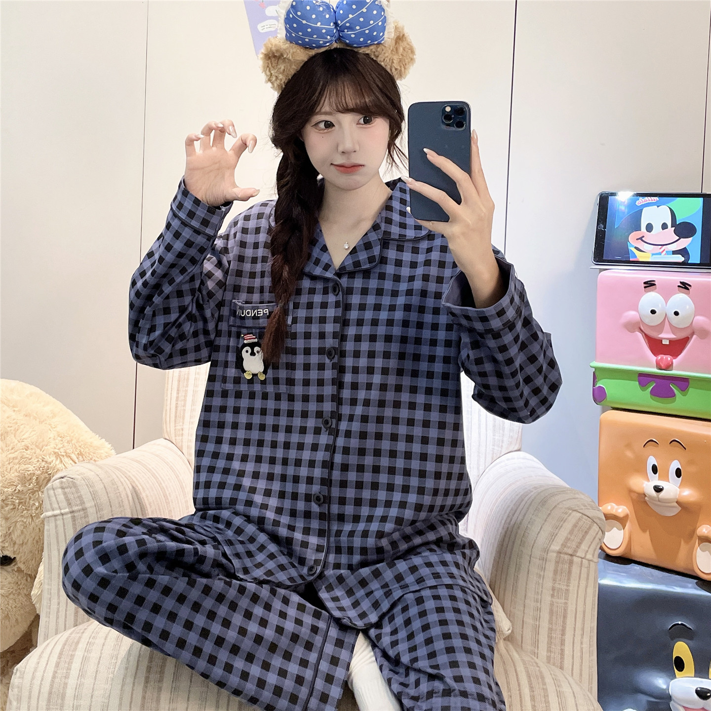 大童睡衣女孩春秋季长袖纯棉卡通初中高中学生格子开衫家居服套装