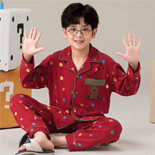 儿童睡衣男童纯棉长袖春秋季小男孩中大童可爱卡通红色家居服套装
