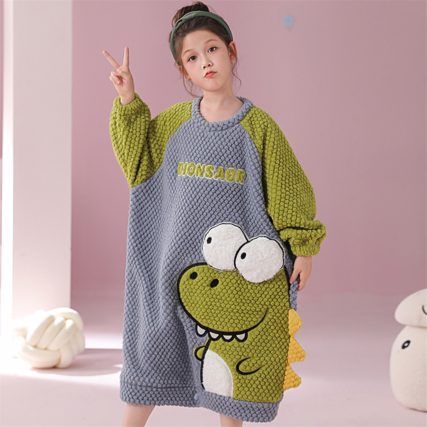 儿童睡衣女孩秋冬季珊瑚绒法兰绒中大童美少女睡裙可爱卡通家居服