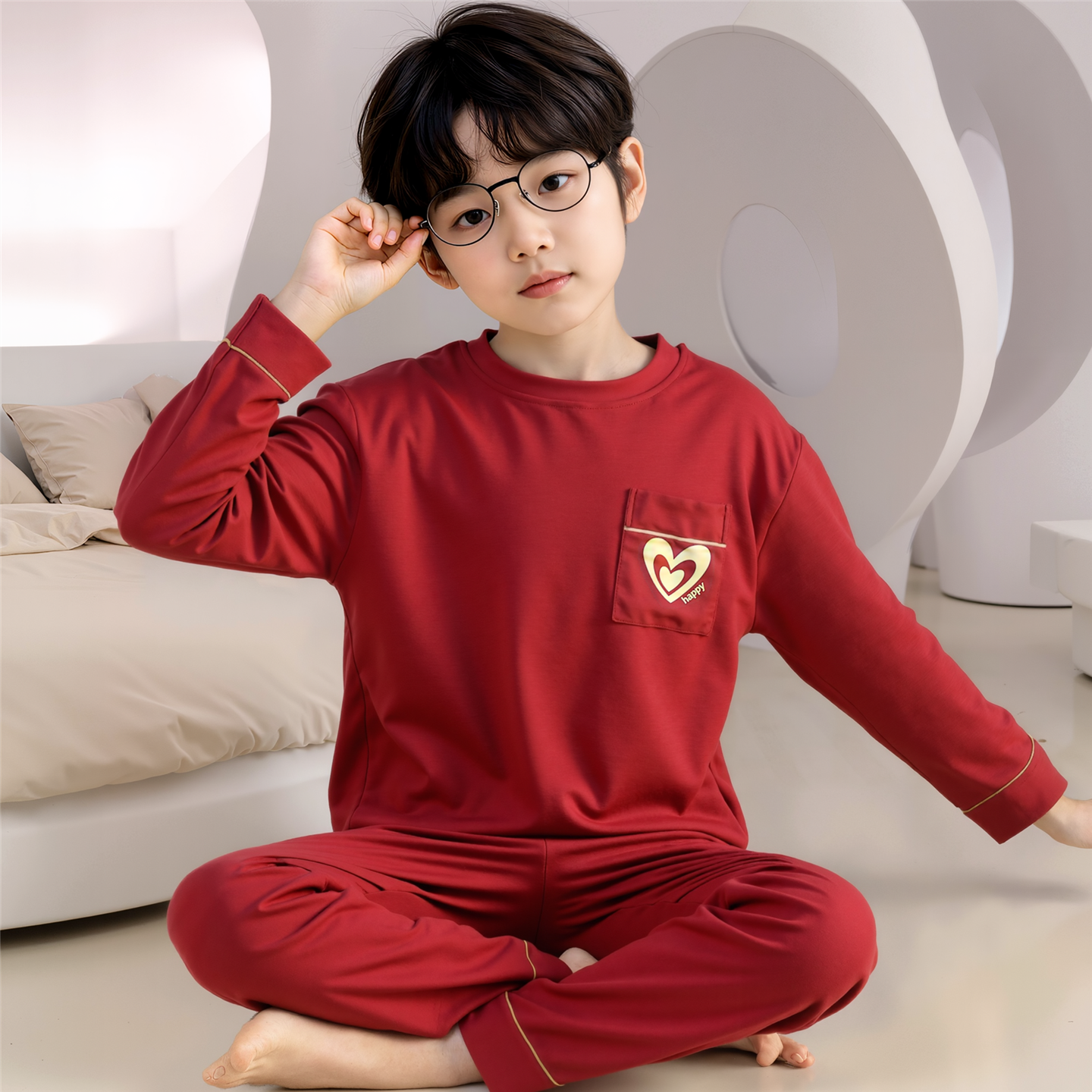 儿童睡衣男童春秋季长袖纯棉男孩中大童青少年大红色本命年家居服