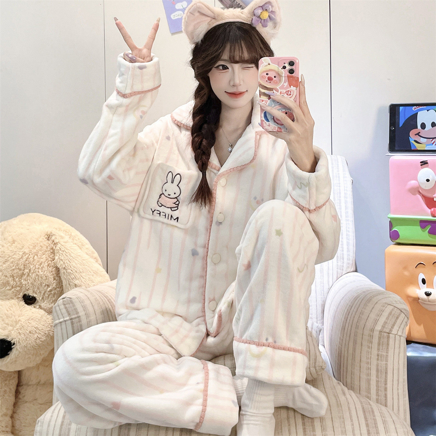 女孩中大童睡衣秋冬季珊瑚绒法兰绒青少年高中学生家居服两件套装