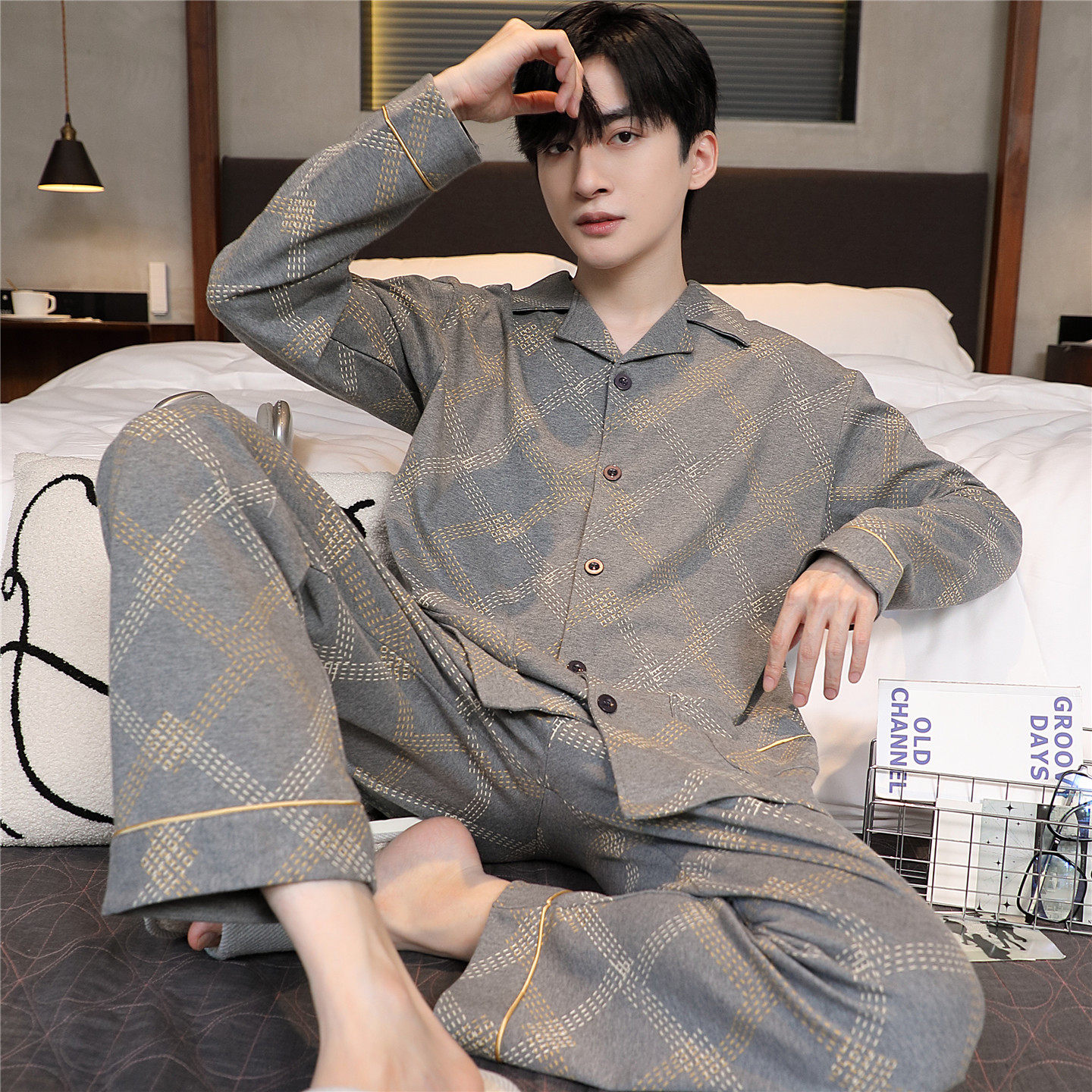 睡衣男春秋冬季纯棉长袖长裤男款青少年高中大学生家居服两件套装