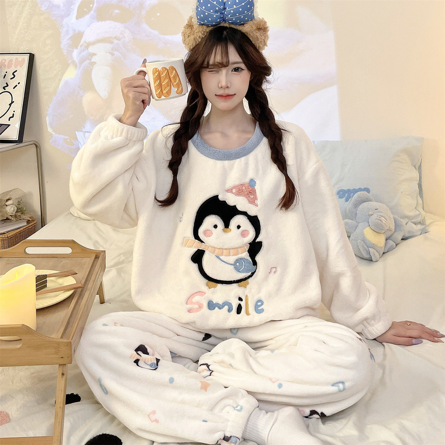 珊瑚绒睡衣女孩秋冬季法兰绒初中高中学生韩版简约少女家居服套装